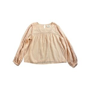 LOFT Pink Striped Crochet Neck Long Sleeve Peasant‎ Blouse Top Women's Medium